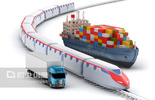 卡车、铁路和轮船的货运Freight transport by truck, rail and ship